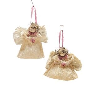2 Vintage Hand-Made Corn Husk Angel Ornaments Holiday Christmas Tree Folk Art